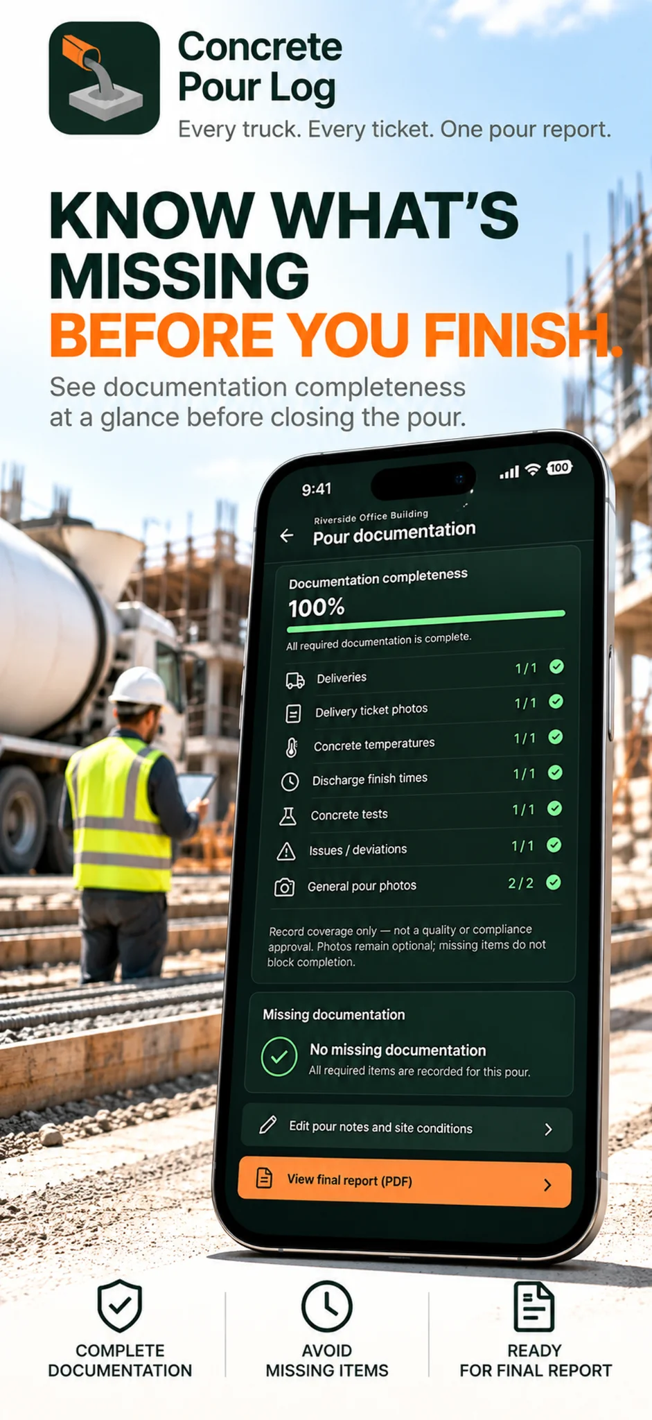App marketing image showing documentation completeness checklist
