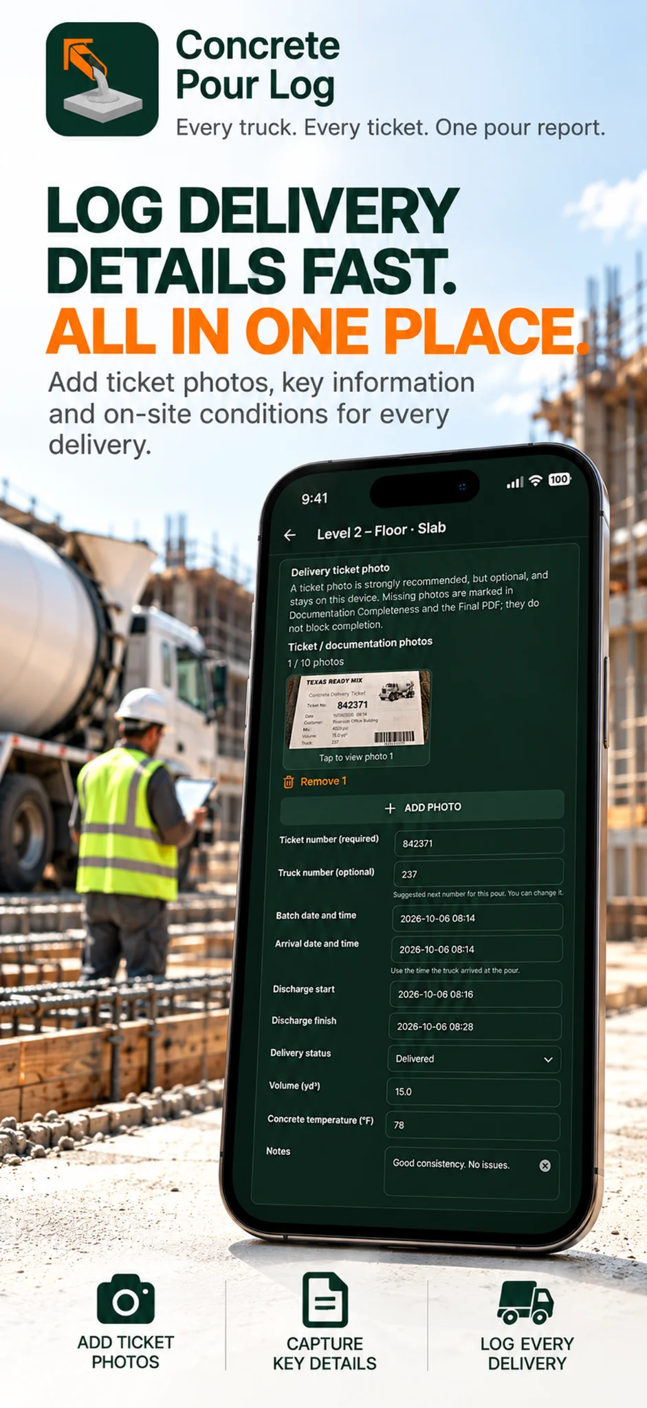 App marketing image showing delivery ticket photo and delivery details