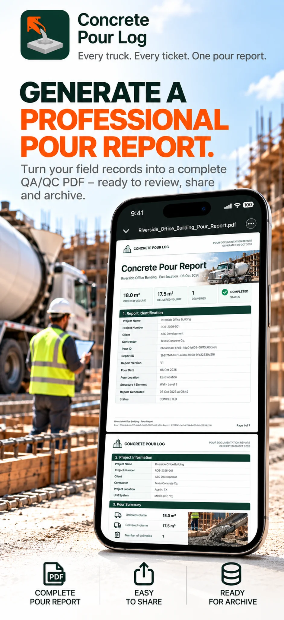 App marketing image showing a generated concrete pour PDF report