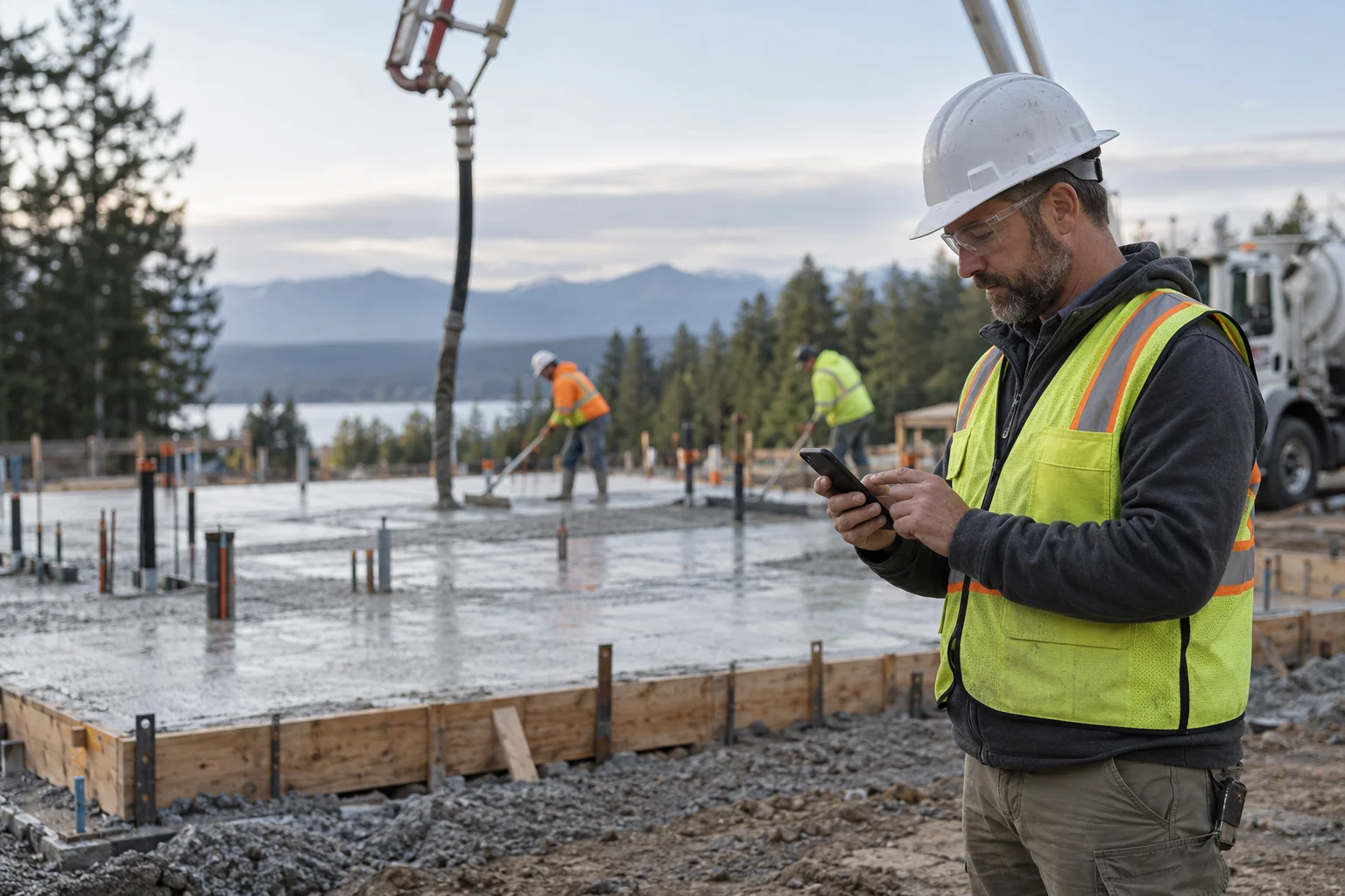 Foreman using a smartphone beside an active concrete slab pour